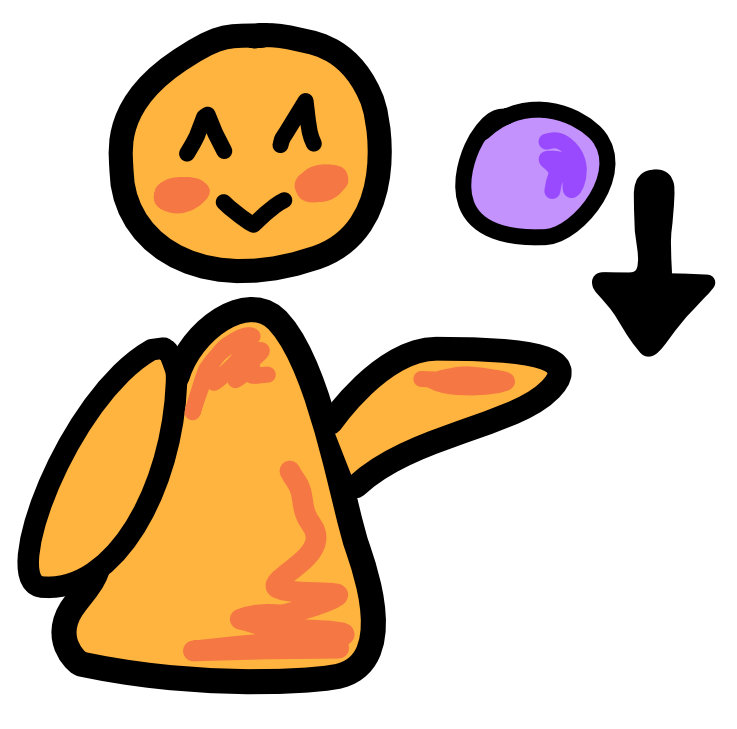 a yellow figure with a hand out, a purple ball hovers above it and an arrow points from the ball down